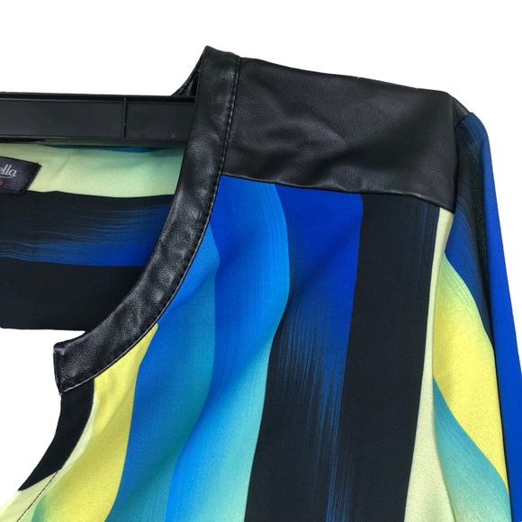 Rafaella Studio Blouse Sheer Multi-Colored Career Top w/Faux Leather Trim SZ L - Picture 5 of 7